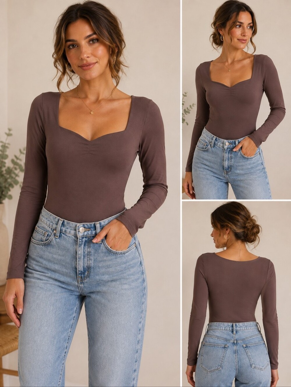 3/$20🎉 Pumiey Sweetheart Neck Long Sleeve Bodysuit Women’s Small Brown Stretch